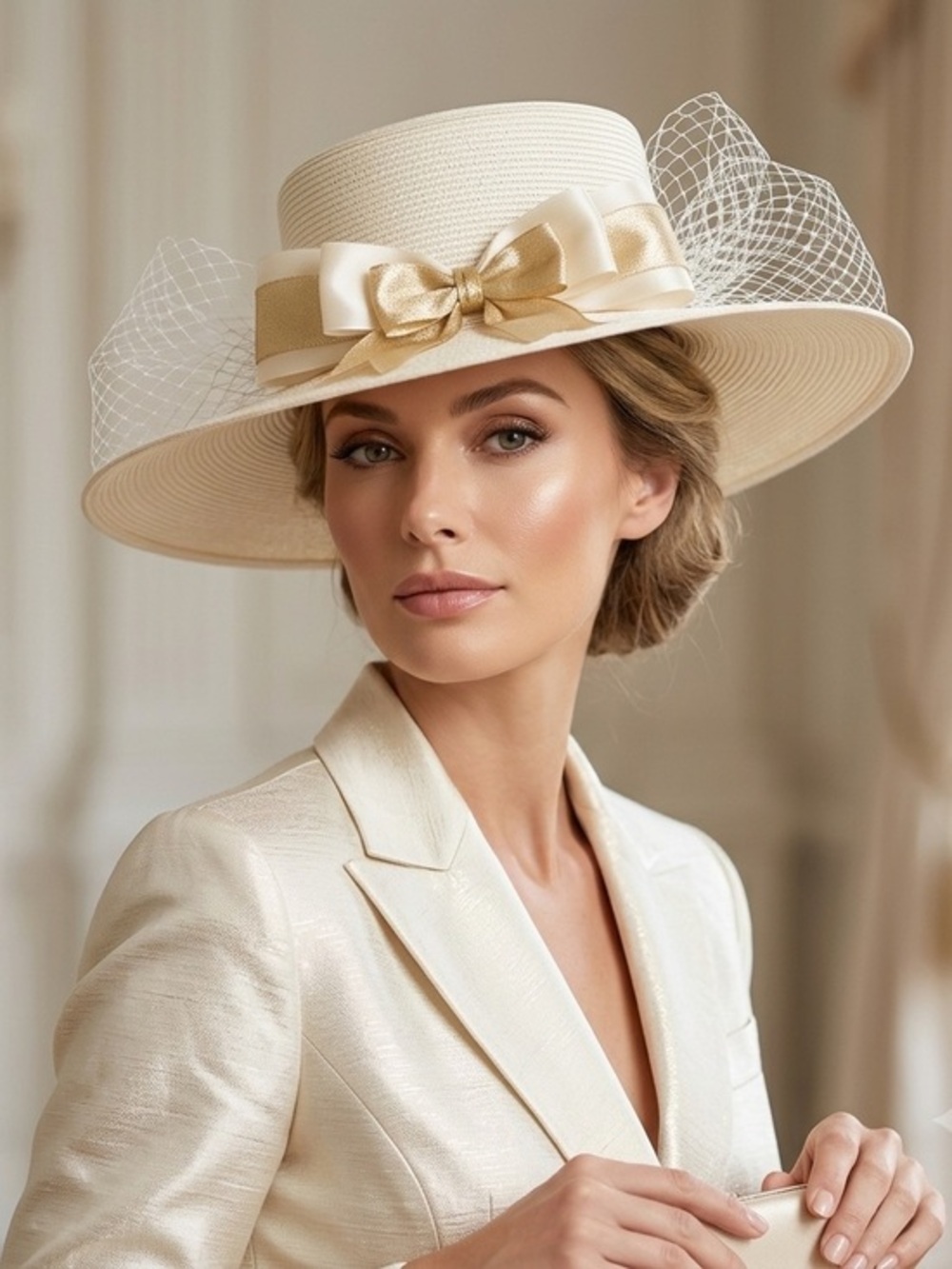 Vintage Hat #201 Women's Cream Wide-Brim Satin Bow Hat with Netting Detail 20th- - Picture 1 of 6
